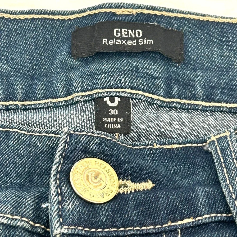 True Religion Geno Relaxed Slim Jeans Studded Horseshoe Big T Pocket Mens SZ 30